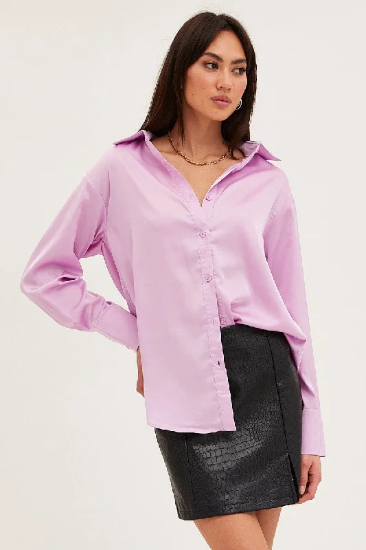 Purple Shirt Top Long Sleeve Satin Bohemian Women's Free