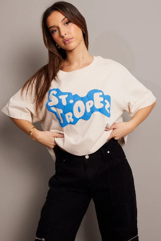 Beige Graphic Tee Short Sleeve Classic Women's Tweed