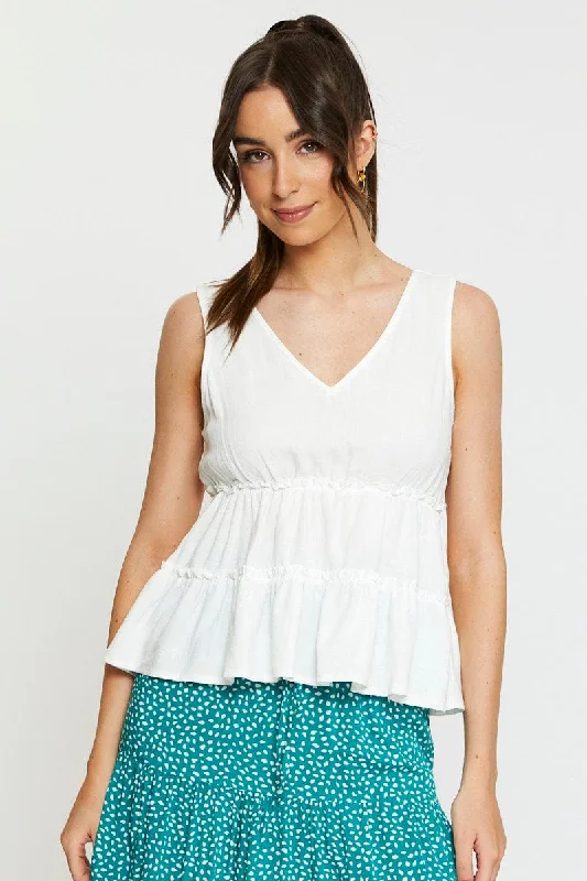 White Peplum Blouse Sleeveless V-Neck Stylish Women's Neon