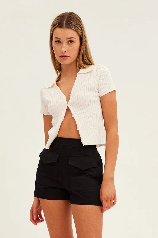 White Collar Knit Crop Cardigan Short Sleeve Cozy Women's Sherpa - lined