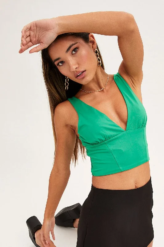 Green Corset Detail Top Sleeveless Crop Slinky Jersey Modern Women's Tech