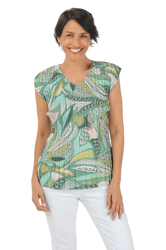 Leafy Green V-Neck Pleated Blouse Sharp Women's Italian