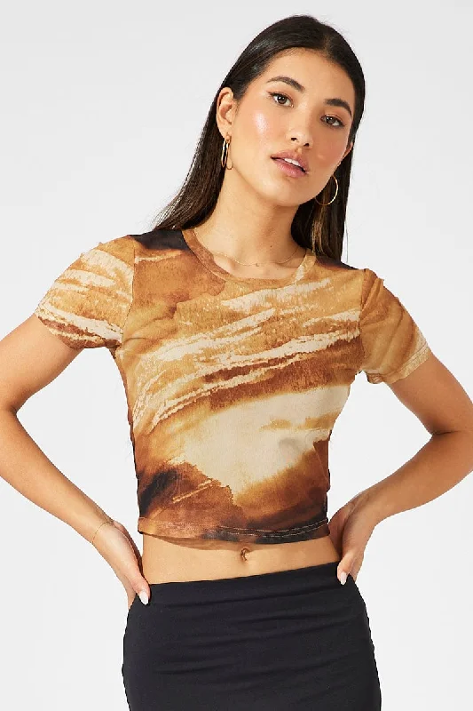 Brown Abstract Top Short Sleeve Trendy Women's 