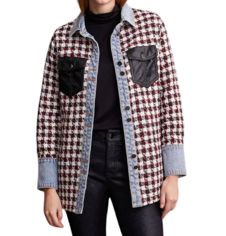 Denim And Faux Leather Bouclé Shacket In Multi Color Preppy Women's College