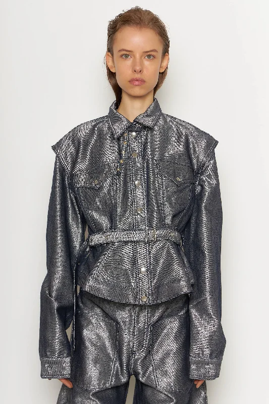 Silver Denim Cinched Jacket Traditional Women's Wool