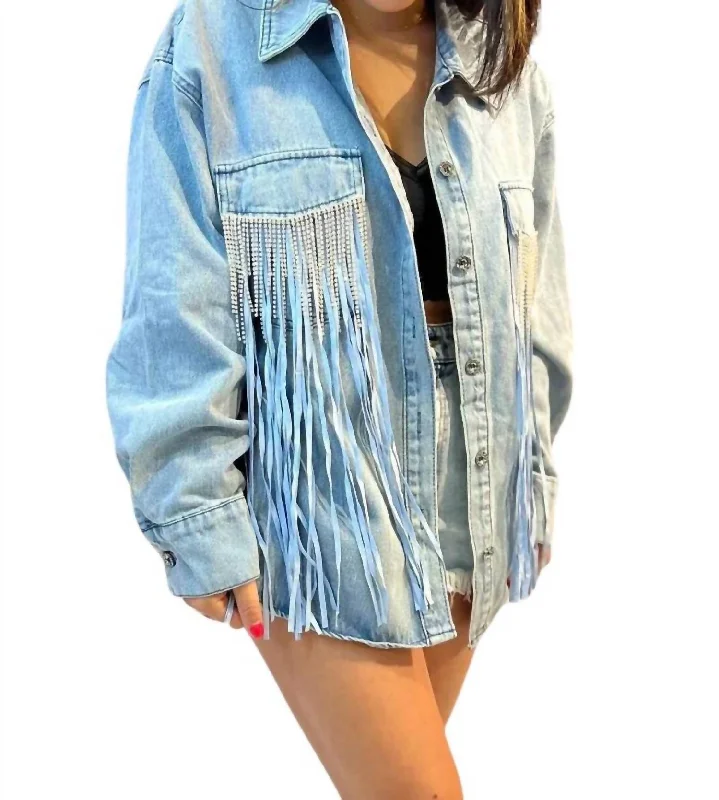 Tyra Double Fringe Denim Shacket In Lightwash Denim Practical Women's Quick - dry