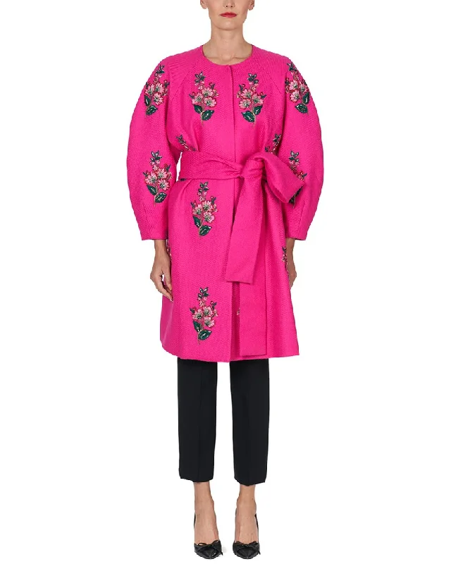 Carolina Herrera Embellished Collarless Silk-Trim Wool A-Line Coat Confident Women's High - fashion