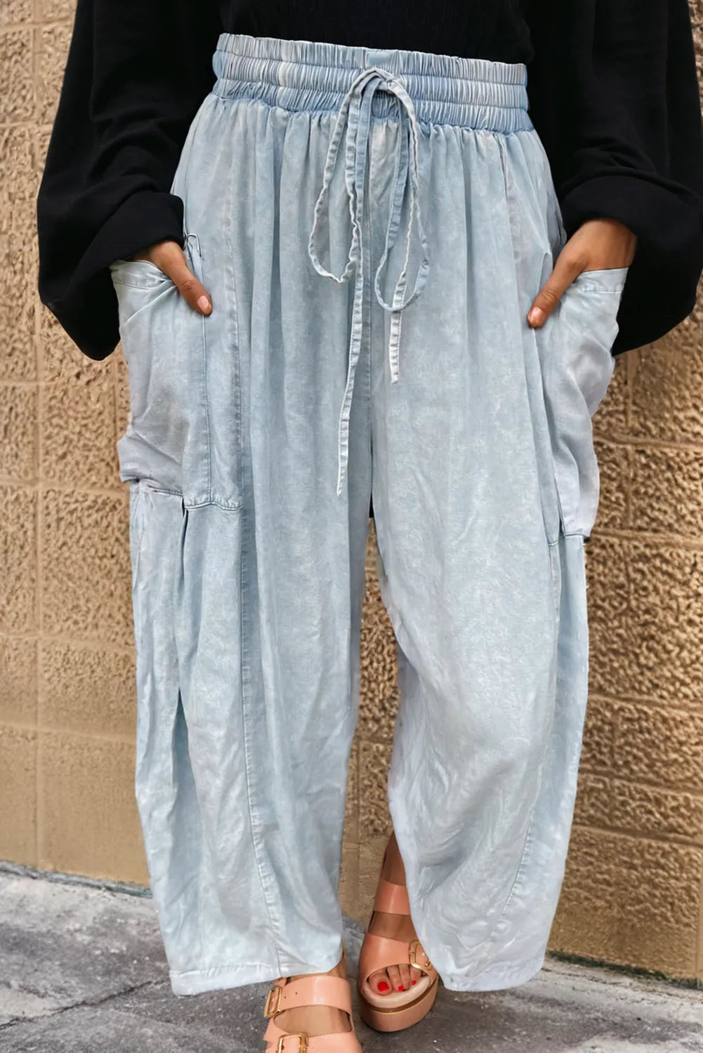 Drawstring Wide Leg Jeans with Pockets Refined Women's Hand - crafted