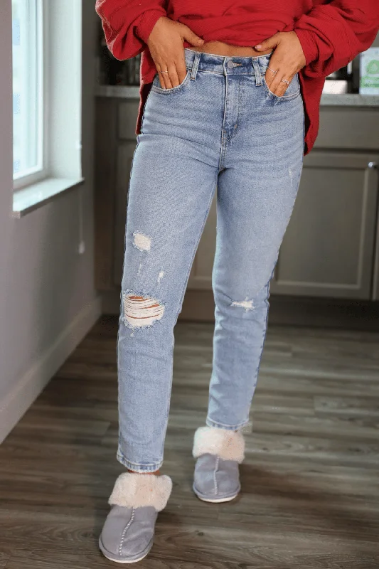 Light Wash Destructed Straight Leg Jeans Sustainable Organic