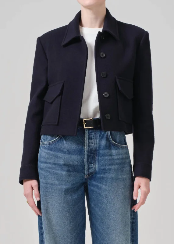 Corina Cropped Boxy Jacket In Navy Elegant Women's Formal 