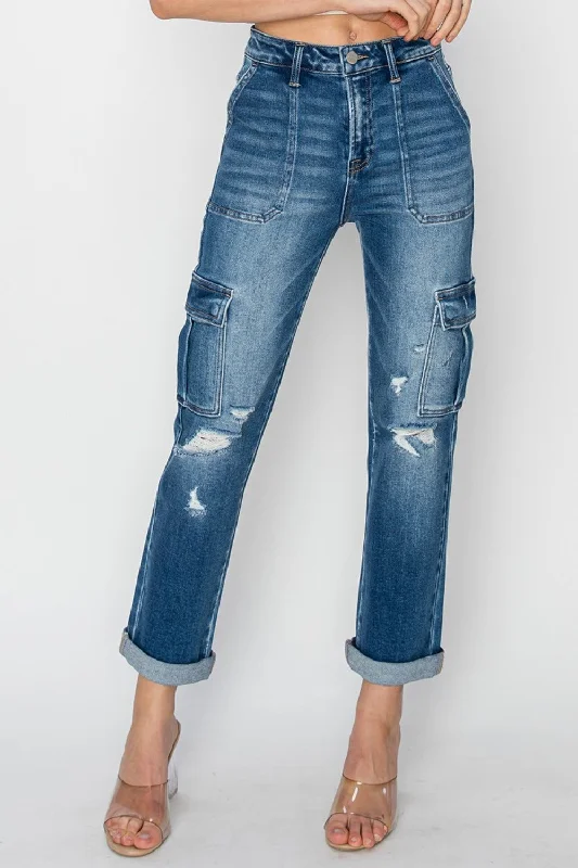 RISEN Full Size High Rise Cargo Ankle Roll Up Straight Jeans Confident Women's High - fashion