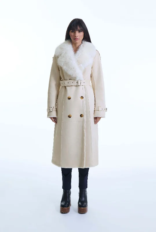 Faux Fur Suede Beige Coat Laid - back Women's Style