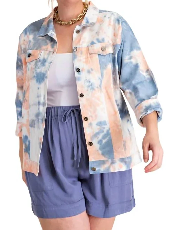 Tie -Dyed Denim Trucker Jacket In Navy/orange Elegant Women's 