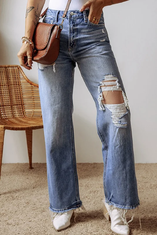 Distressed Straight Leg Jeans with Pockets European