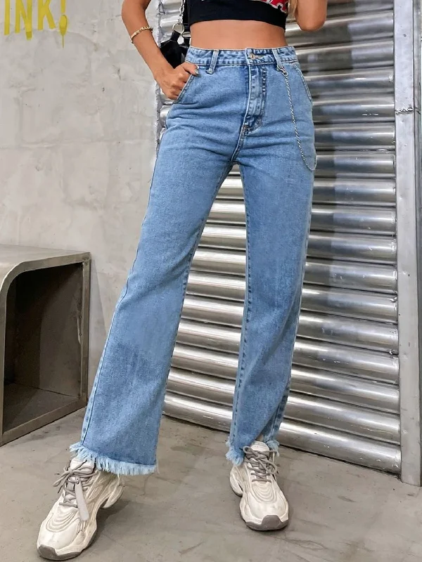 Raw Hem Jeans with Pockets Sophisticated Women's Tailored