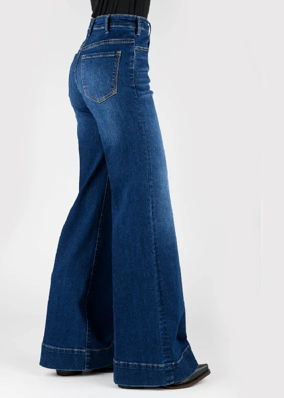 Stetson Womens 751 Wide Leg Plain Back Blue Cotton Blend Jeans Trendy Women's Oversized