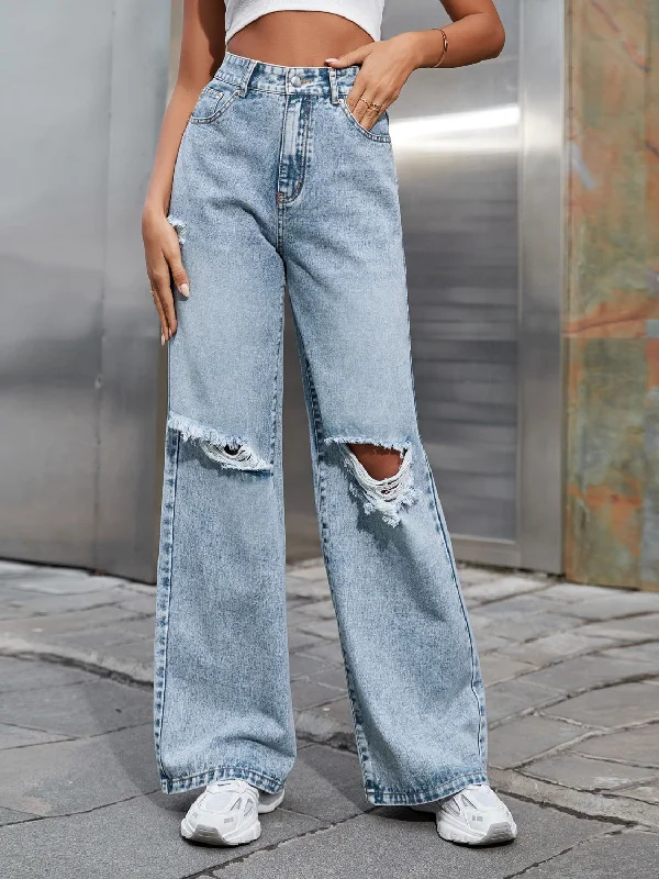 Distressed Wide Leg Jeans with Pockets Refined Women's 