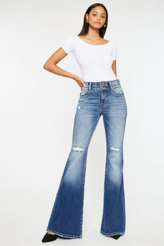Kancan High Rise Wide Waistband Flare Jeans Sleek Women's Metallic