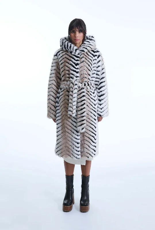 Faux Fox Belted Long Coat Hip Women's Retro