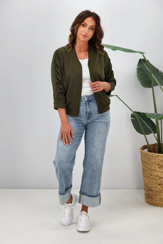 Shine On Label Silvina Gathered Sleeve Bomber Jacket Olive Vintage Women's 1970S 