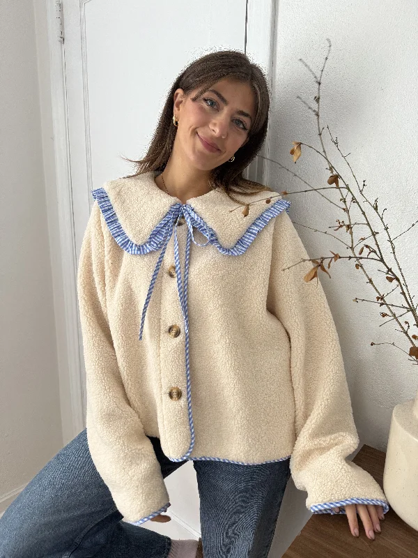 Things Between Khloe Gingham Ruffle Point Sherpa Jacket (L) Cool Women's Distressed