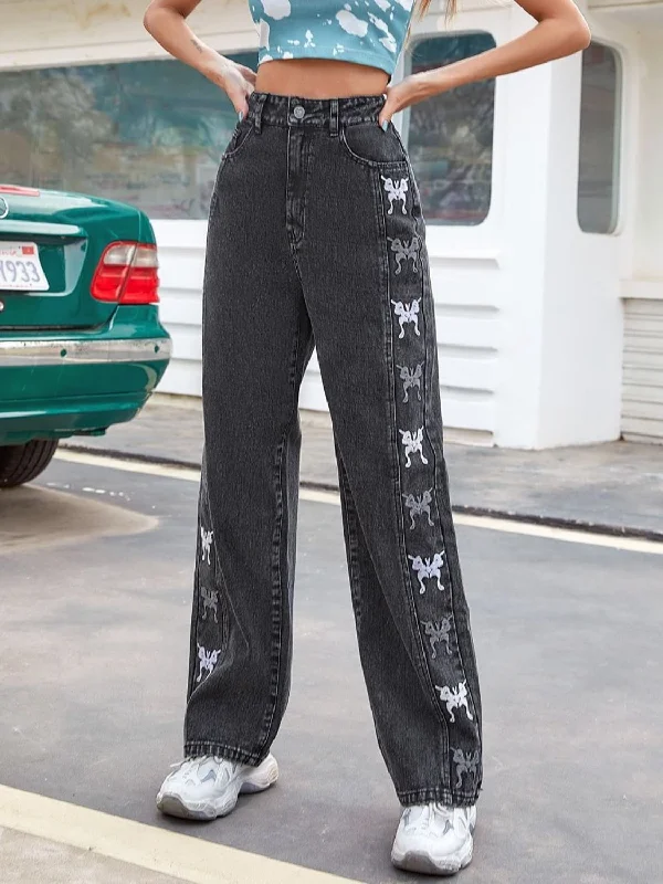 Embroidered Butterfly Jeans with Pockets Polished Women's Silk