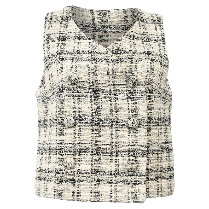 Lisa Marie Fernandez Double-Breasted Checked Tweed Vest in White Cotton Cozy Women's Winter