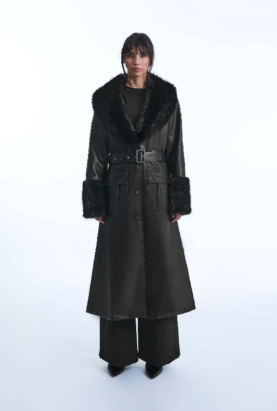 Faux Leather Black Coat Refined Women's 