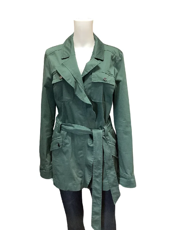 White House Black Market Women's Jacket Safari Green Ruffled Belted Size: 12 purpose