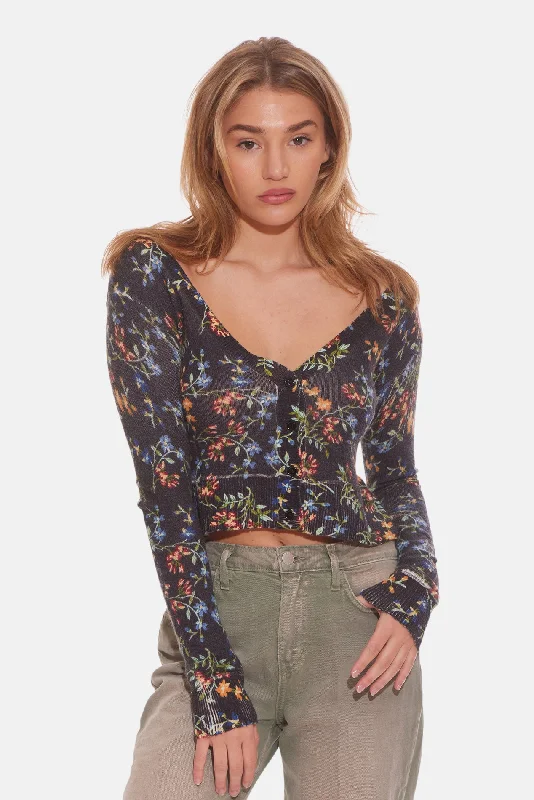 Noa Floral Shrunken Cardigan Black Casual Women's Japanese 