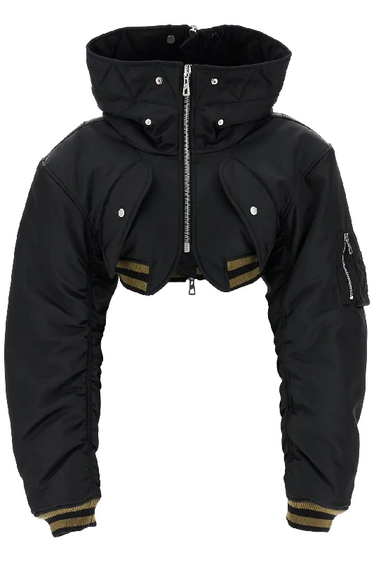 Jean Paul Gaultier Women's Cropped  Nylon Padded Bomber Jacket With Hood Polished Women's Silk