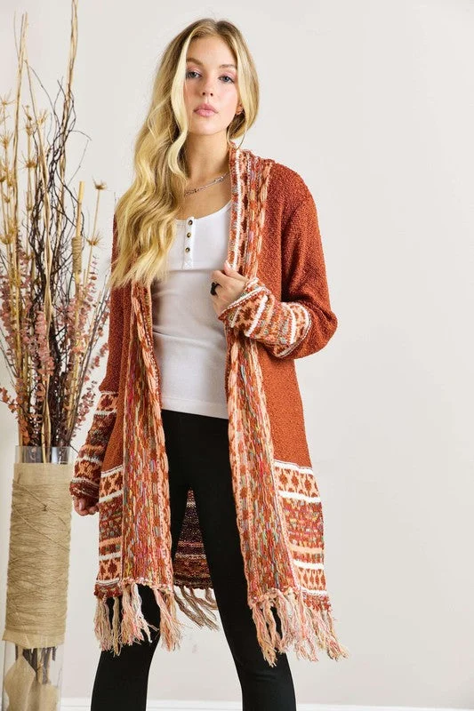 THEO FRINGE HEM AZTEC BORDER CARDIGAN Preppy Women's College