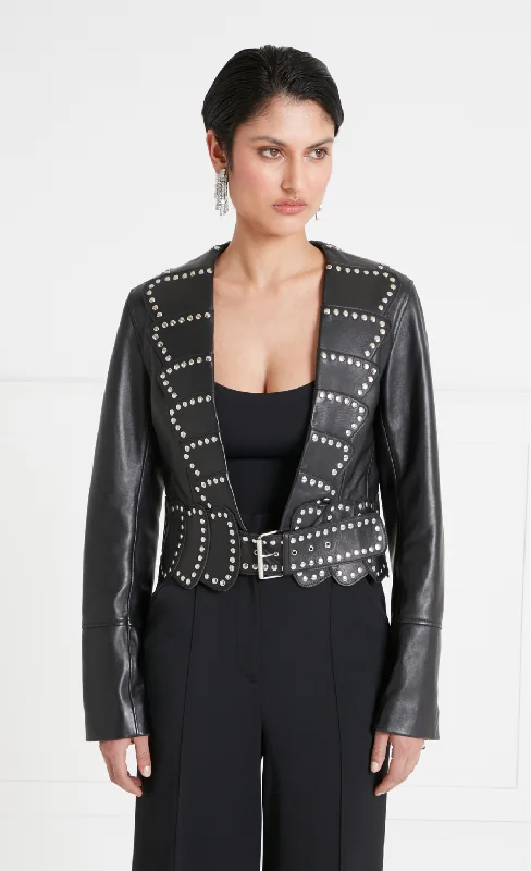 Texas Leather Studded Jacket - Black Trendy Women's 