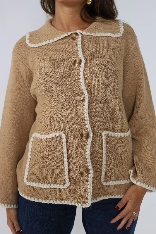 Harlow Knit Trim Buttoned Collar Jacket (Camel) Preppy Women's College
