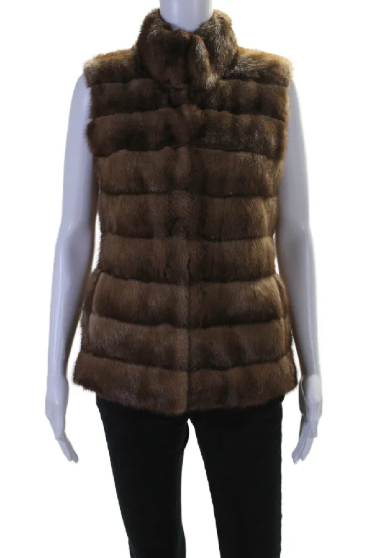 Dennis Basso Womens Mink Fur Hook Closure Sleeveless Vest Brown Classic Women's Tweed