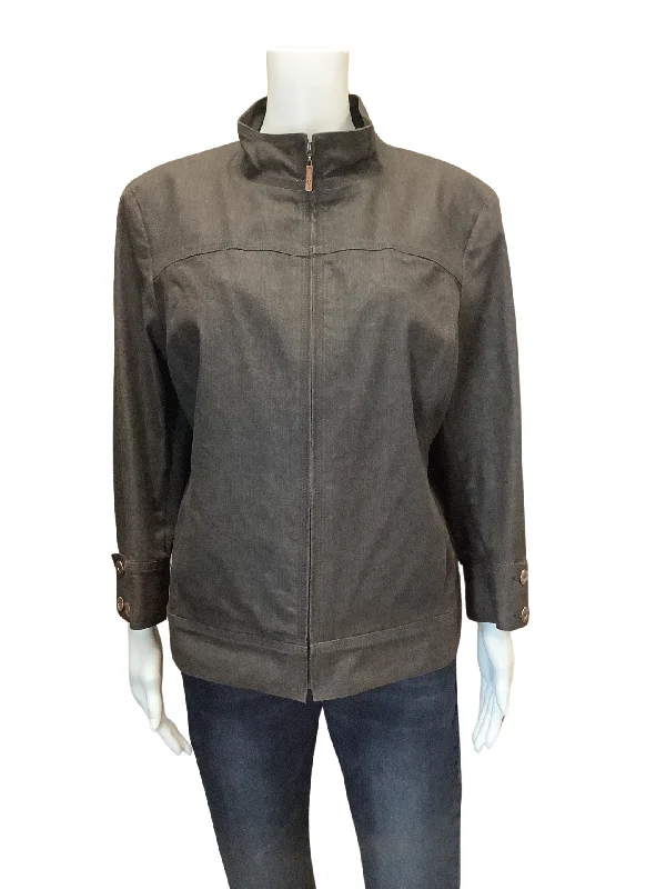 St.John Women's Jacket Brown Denim Stretch 3/4" Sleeve Full Zip Size: XL Classic Women's Tweed