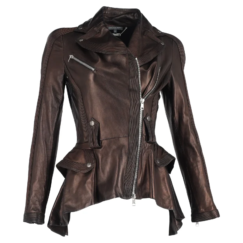 Alexander Mcqueen Peplum Biker Jacket in Brown Leather Cool Women's Distressed