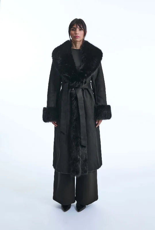 Faux Fur Cuff Belted Coat Trendy Women's Oversized