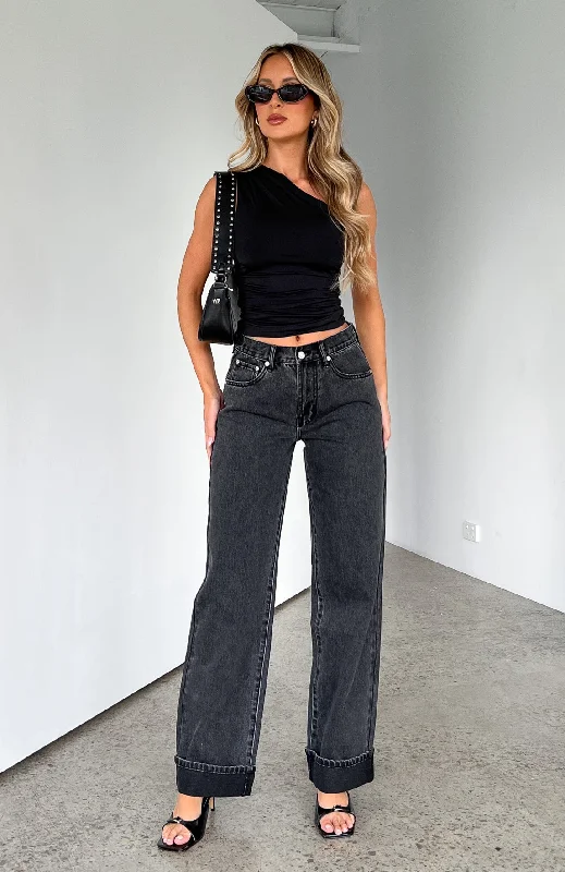 Always Be Yourself Low Rise Straight Leg Jeans Black Acid Wash Stylish Women's Tropical 