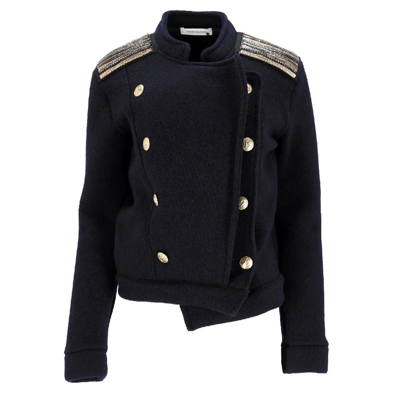 Pierre Balmain Embellished Epaulets Blazer in Navy Blue Wool Bohemian Women's Free