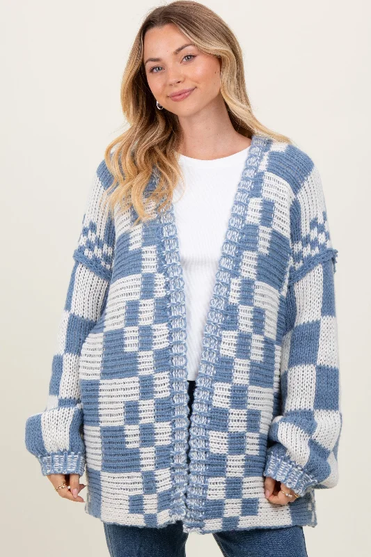 Blue Mixed Check Pattern Chunky Cardigan British Gentlewoman Style