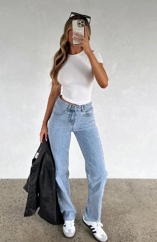Jordyn High Waisted Straight Leg Jeans Light Blue Wash Geometric