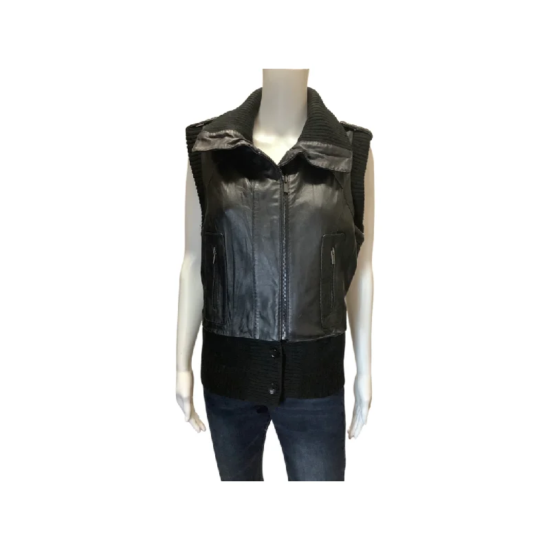 BCBGMAXAZRIA Black Leather Sweater Vest Jacket Size M Practical Women's Multi - 