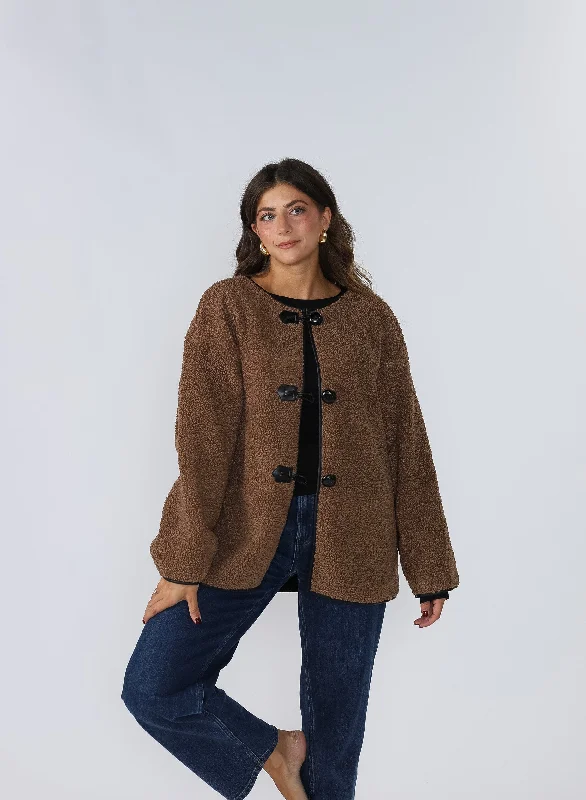 Holly Brown Sherpa Button Loop Coat Jacket Sophisticated Women's Tailored