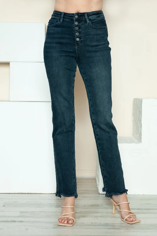 Judy Blue Full Size Button Fly Hem Destroy Straight Jeans Earthy Women's Hemp - based