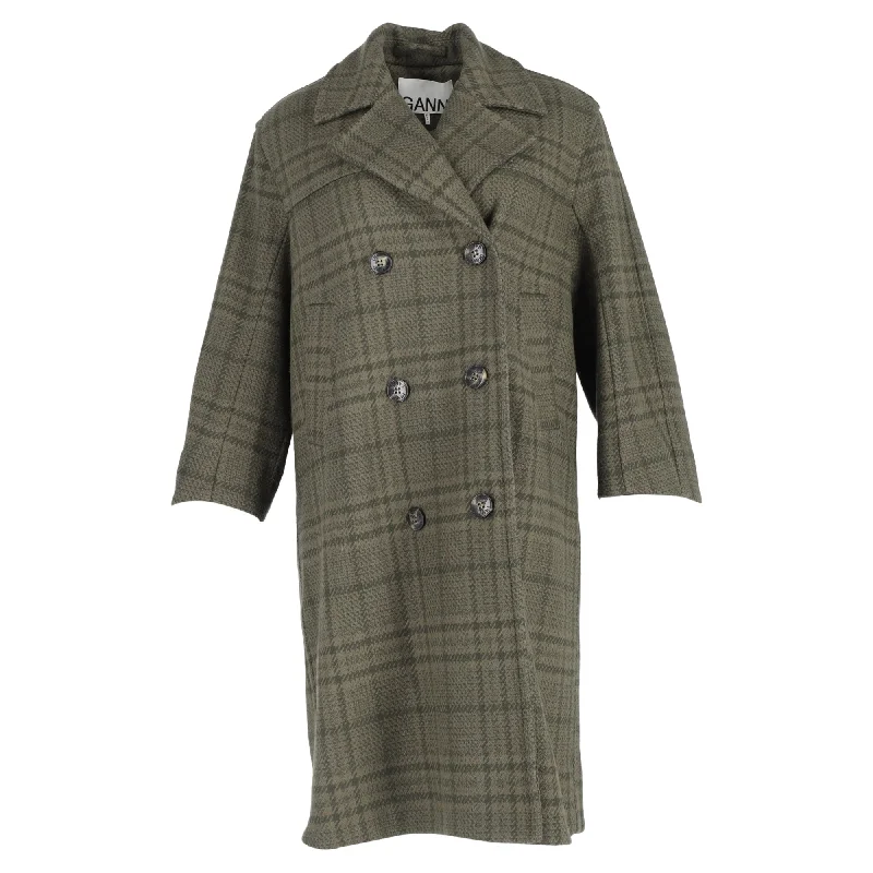 Ganni Double-Breasted Checked Coat in Green Wool Luxurious Women's High -  end