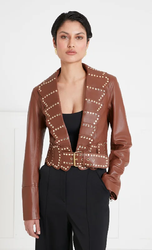 Texas Leather Studded Jacket - Tan Traditional Women's 