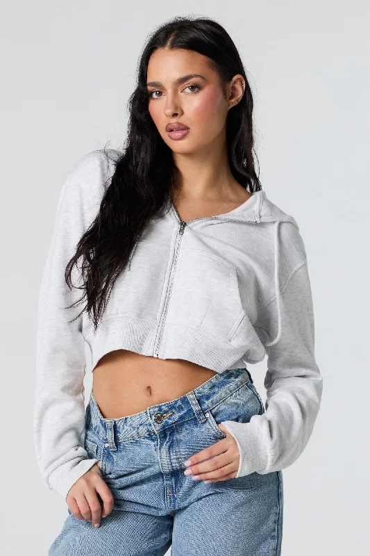 Soft Fleece Zip-Up Cropped Hoodie Cool Women's Distressed