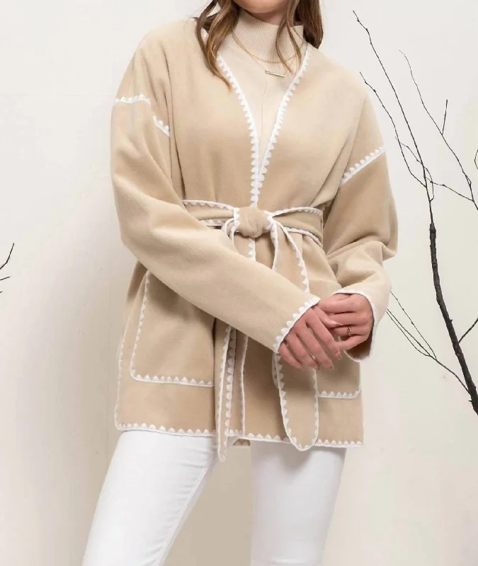 Scallop Whipstitch Belted Cardigan In Beige Stylish Women's Neon