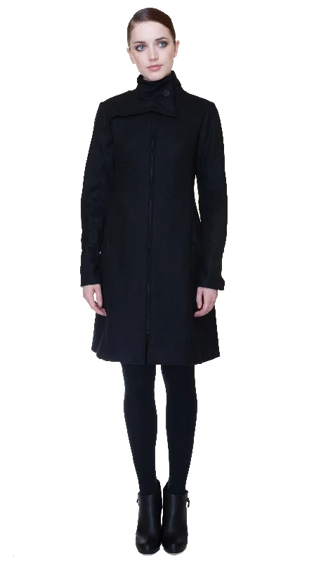 Mock Zip Wool Coat / Black Hip Women's Retro